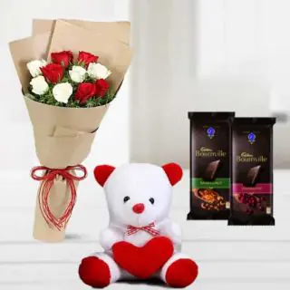 12 red and white roses bouquet with 6 inch teddy bear & set of 2 dairy milk chocolate