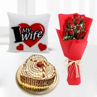 Bunch of 10 red roses, half kg butterscotch heart shape cake, photo cushion 