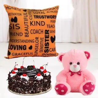 Photo cushion with 1 feet height teddybear with half kg black forest cake 