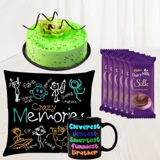 Photo mug with photo cushion, set of 6 dairy milk silk chocolates, Half kg kiwi cool cake 