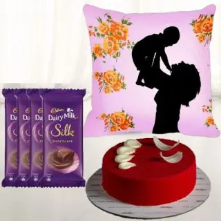 Half kg red velvet cool cake, photo cushion with set of 6 dairy milk silk 