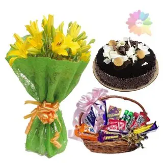 Bunch of 8 yellow asiatic lilies with round shape chocolate cake with basket of assorted chocolates 