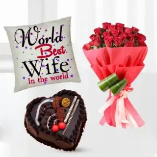 Bunch of 20 red rose, Half kg heart shape chocolate cake, with photo cushion 