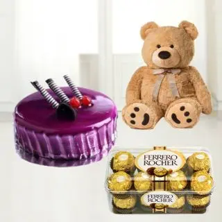 Blue berry cake with 16 pcs rocher ferrero chocolates with 1 feet height teddy bear