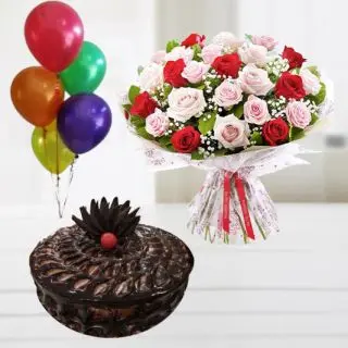 Bunch of 20 red and white roses with double chocolate cake with 5 blown balloons