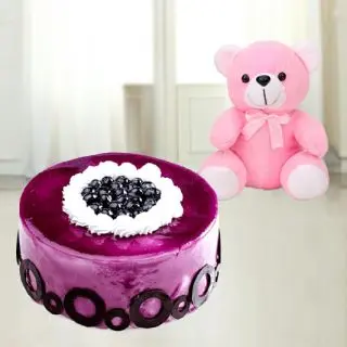 blueberry cake with 1 feet height pink colour teddy bear 