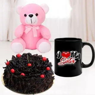 half kg chocolate fantasy cake, photo mug with 6 inch pink teddybear 