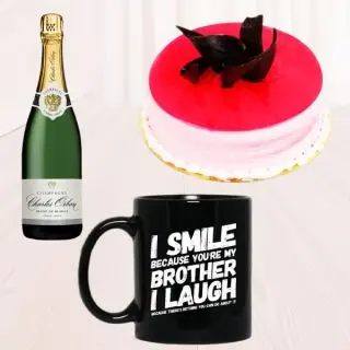 Bottle of champagne, photo mug with half kg strawberry cake 