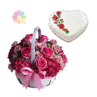 Basket of 12 pink roses with 1 kg heart shape vanilla cake