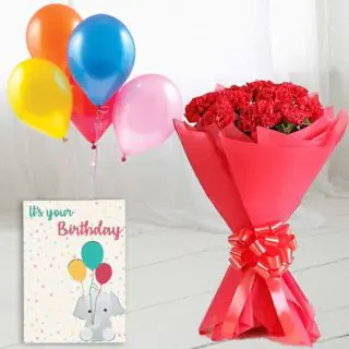 Bunch of 10 red carnations, 5 bunch mix color balloons with birthday card