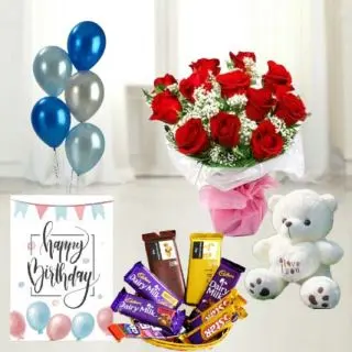 Bunch of 10 red roses,1 feet height teddybear, Basket of assorted chocolates , birthday Greeting card with 5 blown balloons