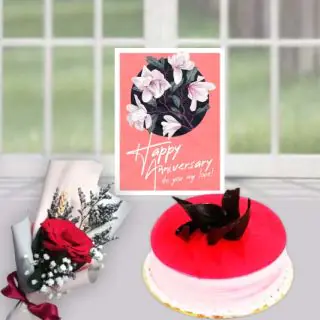 Half kg strawberry cool cake, anniversary card, with single red rose flower