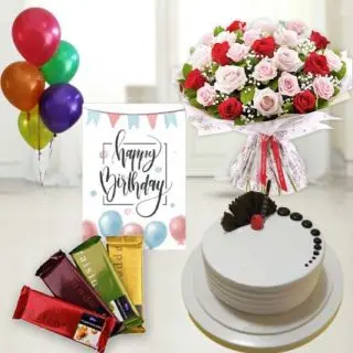 Bunch of 15 red and pink roses,  premium quality vanilla cake, pack of 4 temptations chocolates , birthday greeting card, with 5 blown balloons