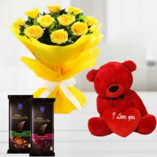 Bunch of 10 yellow roses with set of 2 bournville dark chocolate & 6 inch red teddy bear 