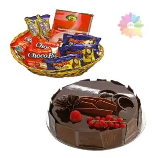  chocolate truffle cake with basket of assorted chocolates 