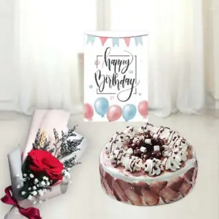 Half kg choco chips cake, single red rose, Birthday card 