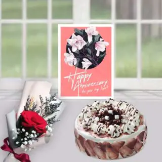Half kg choco chips cake, single red rose, anniversary card 