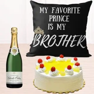 Bottle of champagne , half kg pineapple cool cake, with photo cushion 