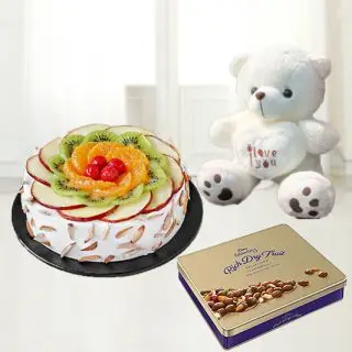  mix fruit premium quality fresh cream cake with box of cadburys pemium chocolate with 6 inch white teddy bear 