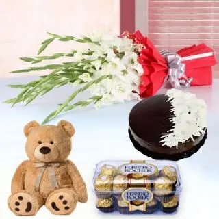 Bunch of 10 Gladswith 16 pcs Ferrero Rocher,6 inch teddy and chocolate cake