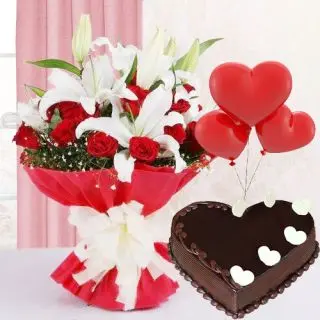 Bunch of lilies with red carnation with heart shape chocolate truffle cake with 3 heart shape balloons