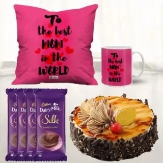 Half kg irish chocolate cake, photo cushion with photo mug with set of 6 dairy milk silk chocolate  