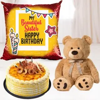 photo cushion, 1 feet height teddybear with half kg honey cool cake 