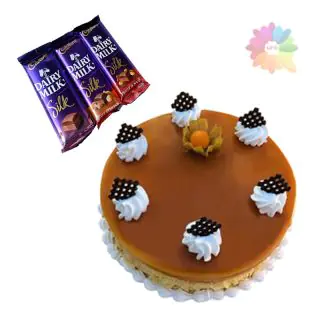  butterscotch cake with set of  3 dairymilk silk chocolates