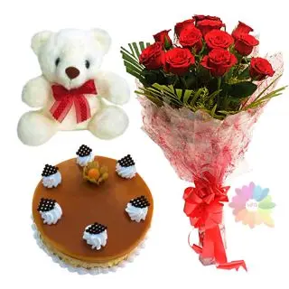 12 red roses  with 6 inch teddy bear with black forest cake