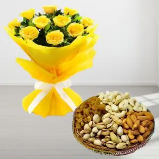 Bunch of 12 yellow roses with half kg assorted dryfruit 
