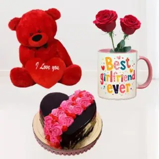 1 feet height red teddybear  with 1 kg chocolate heart shape floral theme cake with 2 red roses in photo mug