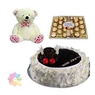 1 feet height teddy bear with 24 pc rocher ferrero chocolates with choco vanilla cake 