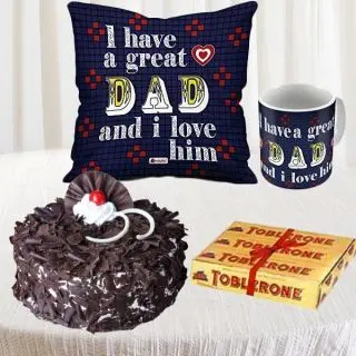 1 kg black forest cake, set of 2 toblerone chocolates, with photo mug and photo cushion 