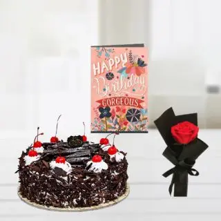 1 kg black forest cake, single red rose, with birthday card 