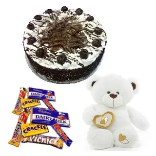 1 kg black forest cake(eggless) with 8 inch teddy bear with 6 pcs of assorted cadburies