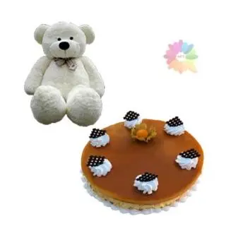 butterscotch fresh cream premium quality cake with 2 feet height white colour teddybear