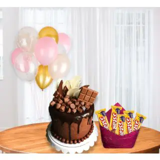  chocolate explosion deluxe cake with bunch of 5 blown balloons with pack of five 5star chocolates 