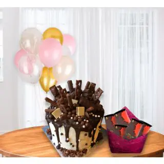 chocolate explosion Nutties cake with pack of 5 bournville chocolates with bunch of 5 blown balloons 