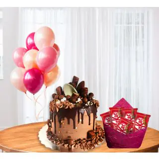 chocolate explosion truffle cake with bunch of 5 blown balloons with pack of 5 kitkat 