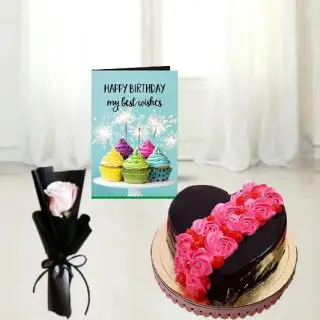 1 kg chocolate truffle heart shape cake with floral topping single white rose, with birthday greeting card