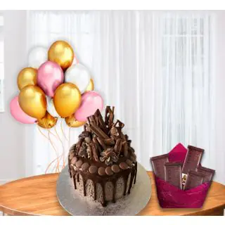  delicious chocolate Explosion cake with bunch of 5 blown balloons with pack of 5 temptations 
