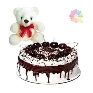 Fresh cream black forest cake with 8inch teddybear