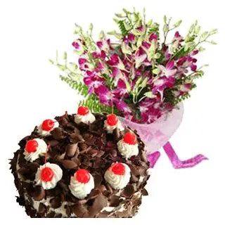 1 kg fresh cream black forest(Eggless) with bouquet of 10 orchids