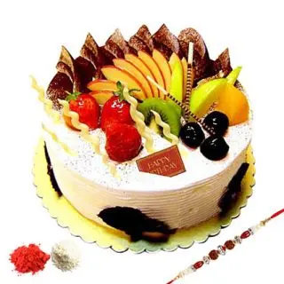 1 kg fresh cream mix fruit premium quality cake with 1 rakhi and roli chawal