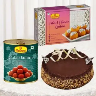 1 kg gulabjamun, half kg chocolate almond cake, box of half kg motichoor laddu 