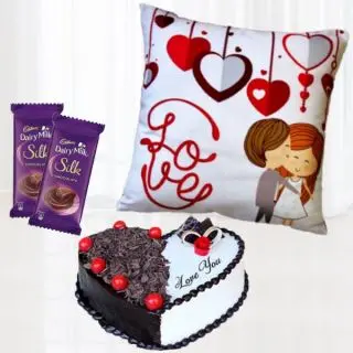 1 kg heart shape black forest cool cake , set of 2 dairy milk silk with photo cushion 
