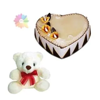  heart shape butterscotch premium quality cake with 6 inch cute teddybear 