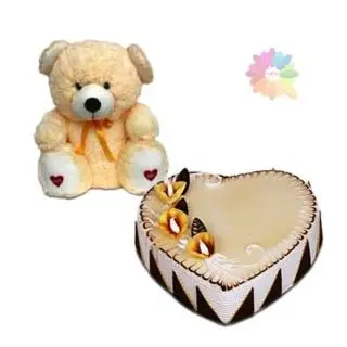 Heart shape butterscotch premium quality cake with 6 inch teddybear