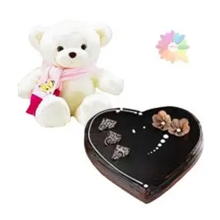 heart shape chocolate truffle cake with 1 feet height cute teddy bear