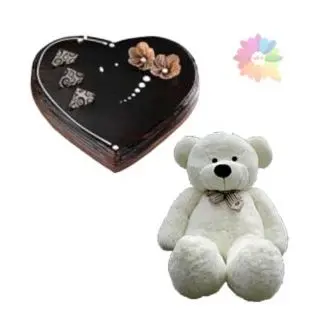 heart shape chocolate truffle cake with 2 feet height teddy bear 